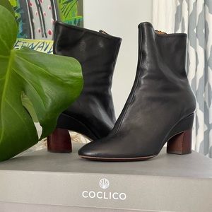 Beautiful, hard-to-find Coclico black leather booties, with box, Rare! Like New!